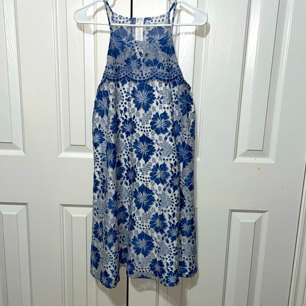 Badgley Mischka Belle Lace Overlay Blue and White Dress. NEW Condition